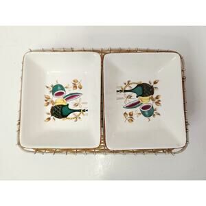 Vintage Lipper & Mann Japan Dual Serving Dishes w/ Wicker Caddy Retro Fruit